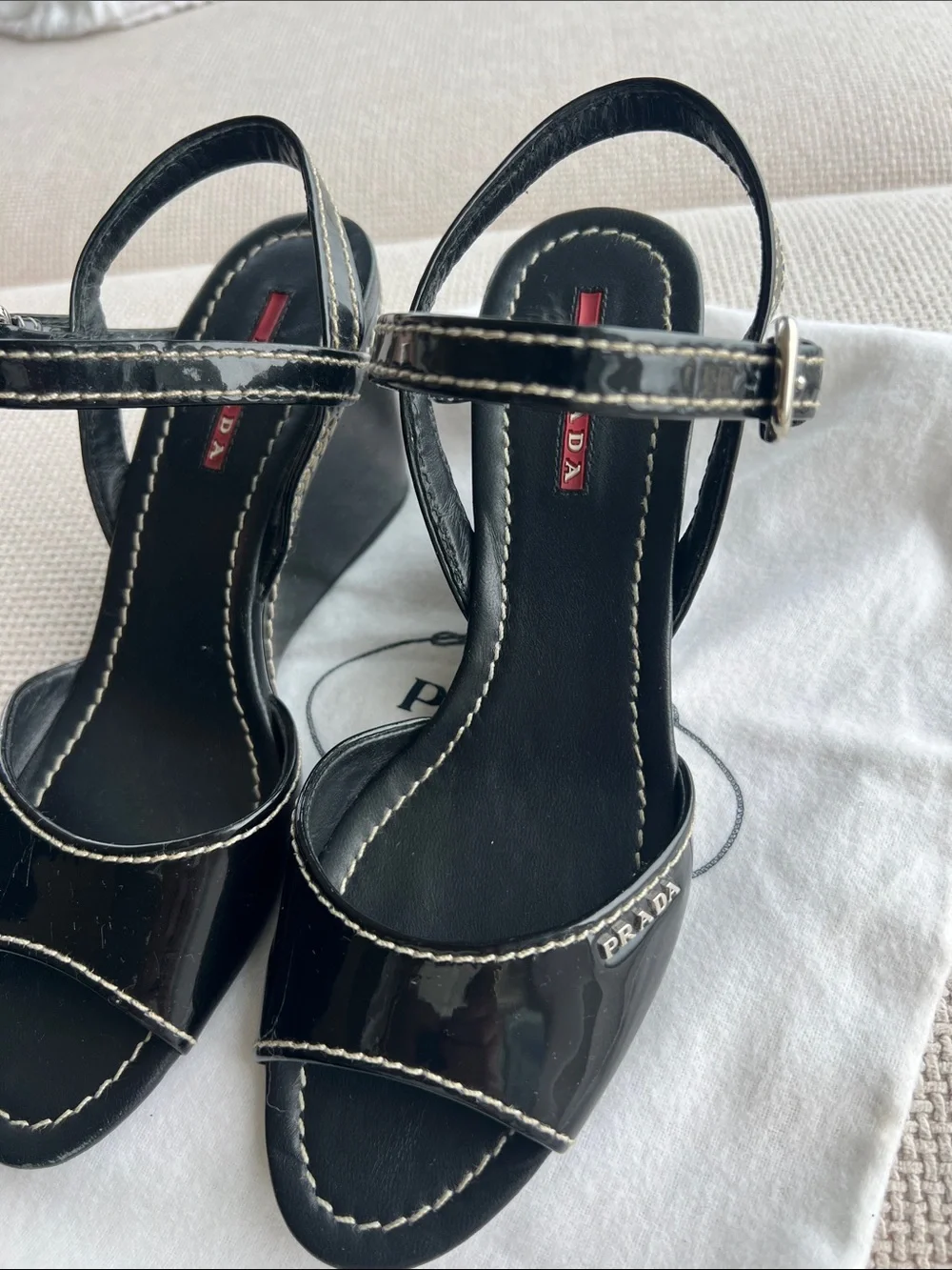 Prada Black Patent Leather Slingback Sandals with White Stitching Sz 37 - Picture 1 of 5